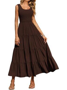 Women's Dress Maxi Brown Polyester Scoop Neck Short Vacation Casual Summer